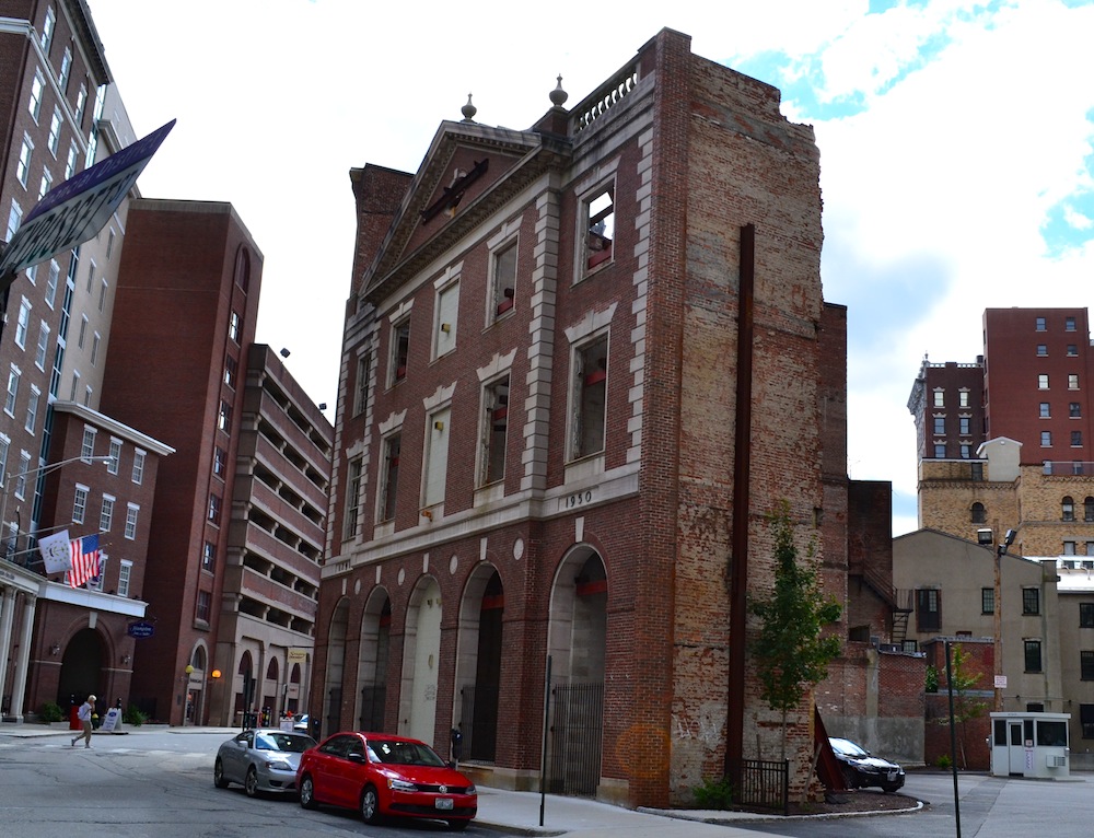 In 2005, the Providence National Bank building on Westminster Street was torn down to make way for condominiums. The back façade is all that remains of this building. 