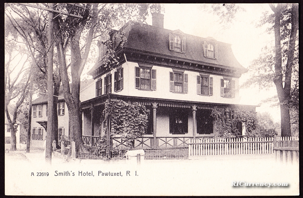 The bank was based in this building at 40 Post Road in Pawtuxet. At the time of this postcard, the building was used as an inn. 