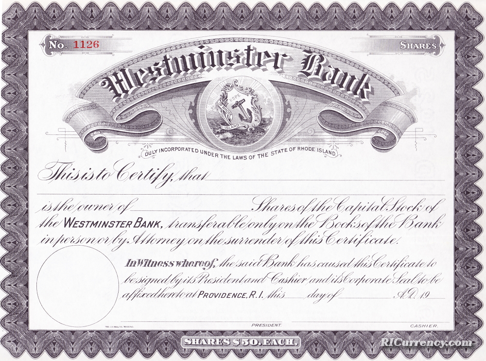 Blank stock certificate from the early 1900s for this state bank. 