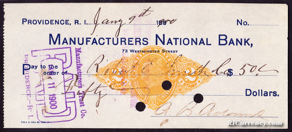 Manufacturers National Bank check from January 9, 1900. 