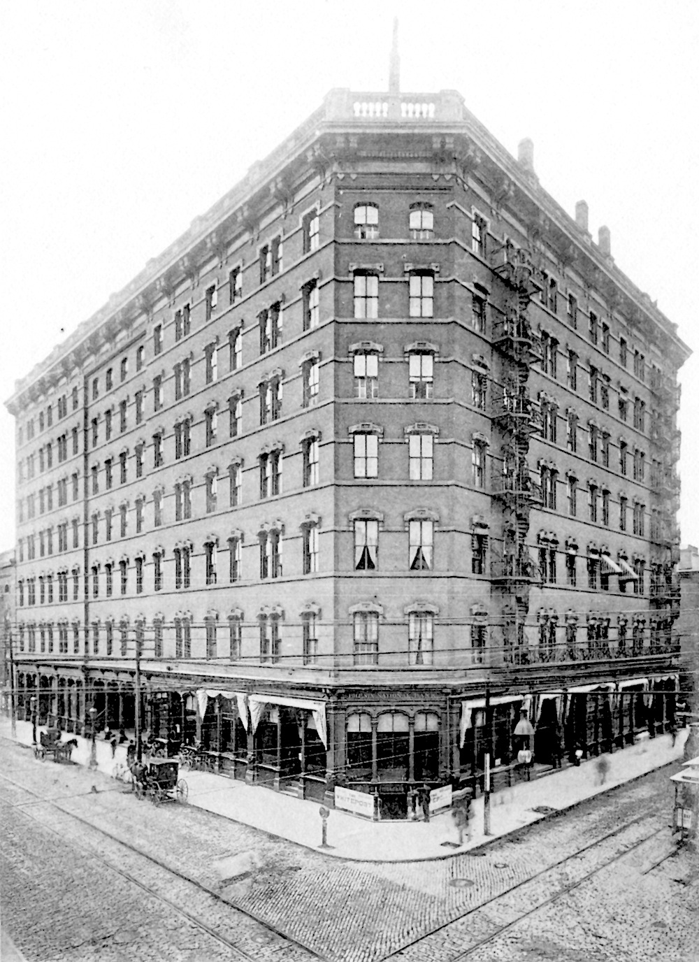 Another image of the Narragansett Hotel, with the bank's ground floor corner office. 