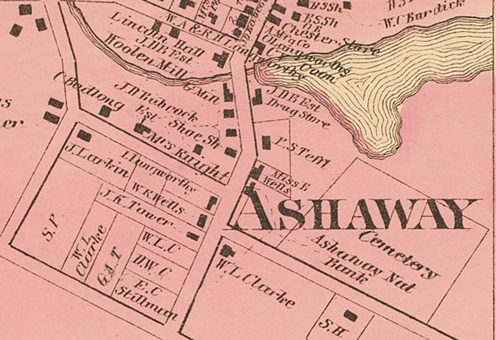 A detail map showing the location of the Ashaway National Bank. From D.G. Beers Atlas of Rhode Island