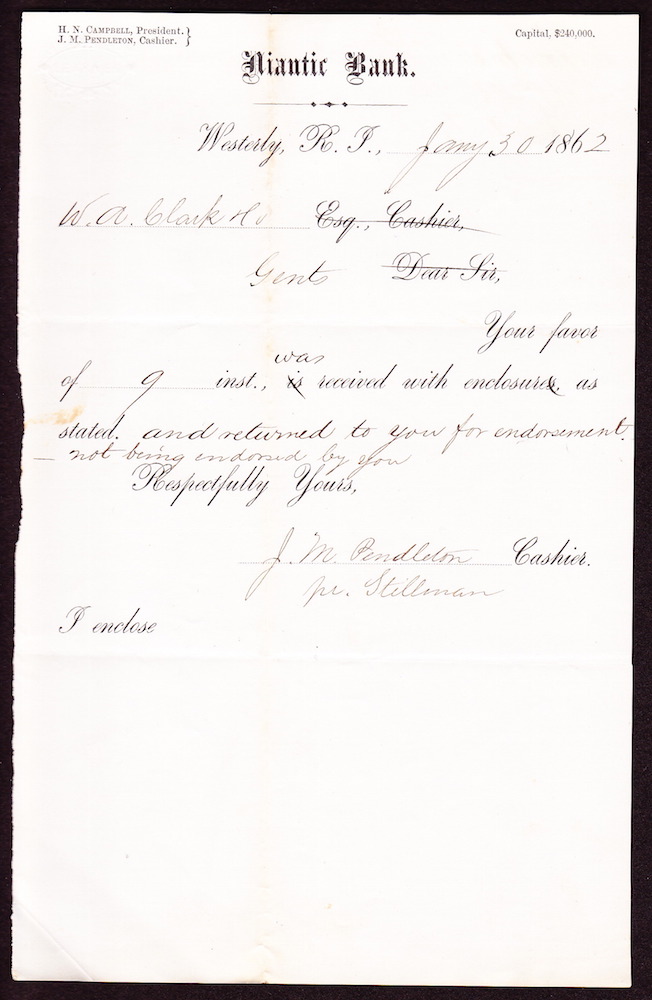 A letter from the bank, dated January 30, 1862 and signed by J.M. Pendelton, cashier.