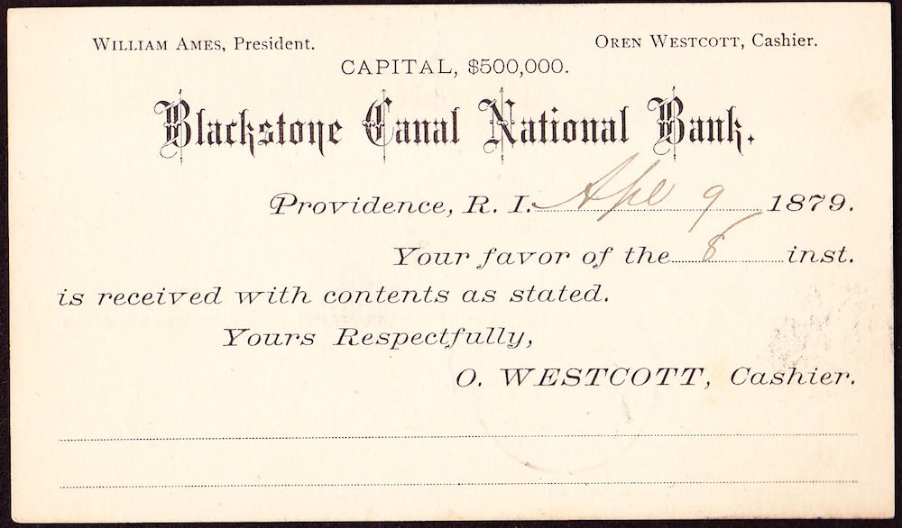 A card sent to the State Bank of Baldwinsville, NY, on April 9, 1879 from Oren Westcott, cashier. 