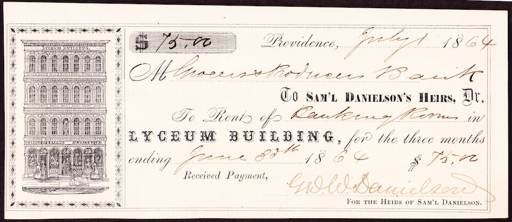 According to this receipt, Grocers & Producers paid $25 a month in rent for their banking rooms in the Lyceum Building. It was owned by the heirs of Dr. Samuel Danielson. 