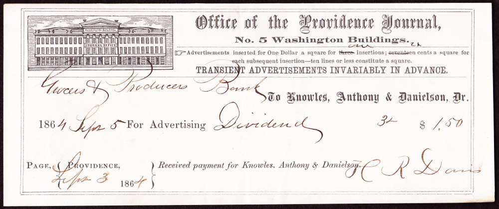 Receipt for advertising in the Providence Journal. Dated September 5, 1864.  They paid $1.50 for three ads listing the bank's dividend. 