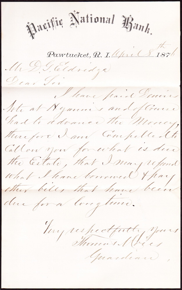 A second letter from the Pacific National Bank, dated April 8, 1876.