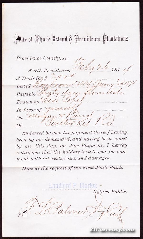 A letter connected to the bank from February 26, 1874. 