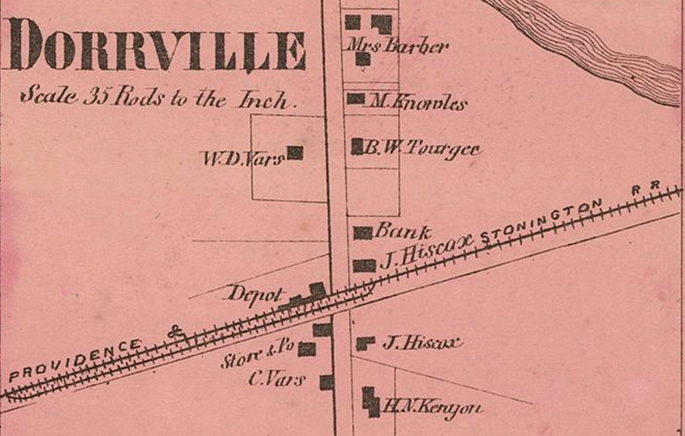 A detail map of Dorrville shows the location of the bank. From D.G. Beers Atlas of Rhode Island