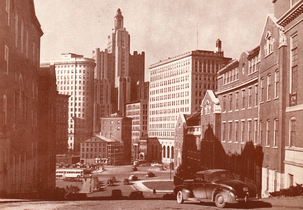 Looking toward downtown from College Hill, 1950. Union Buildings.