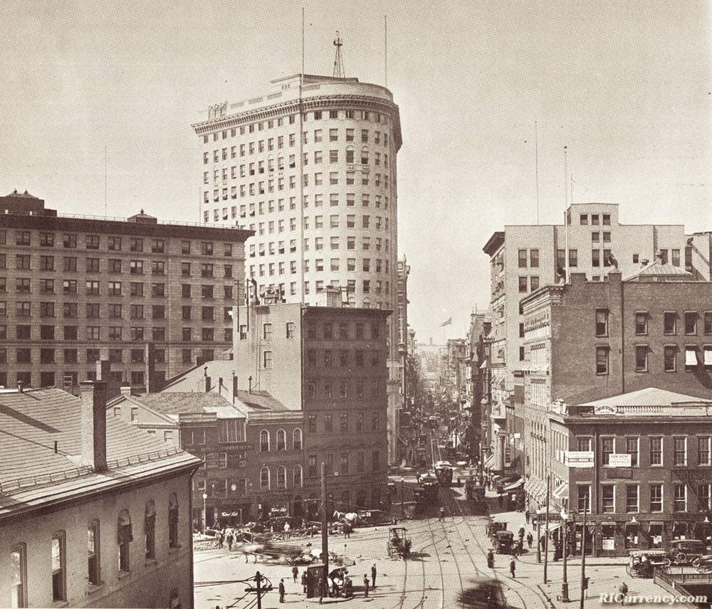 The Merchants Bank with the Turk's Head Building in the background, circa 1915.