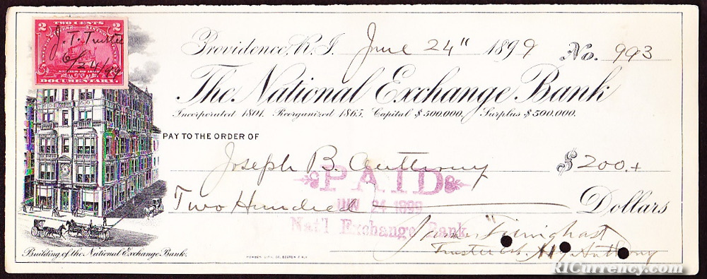 Check from June 4, 1899 featuring a depiction of the bank's building. 