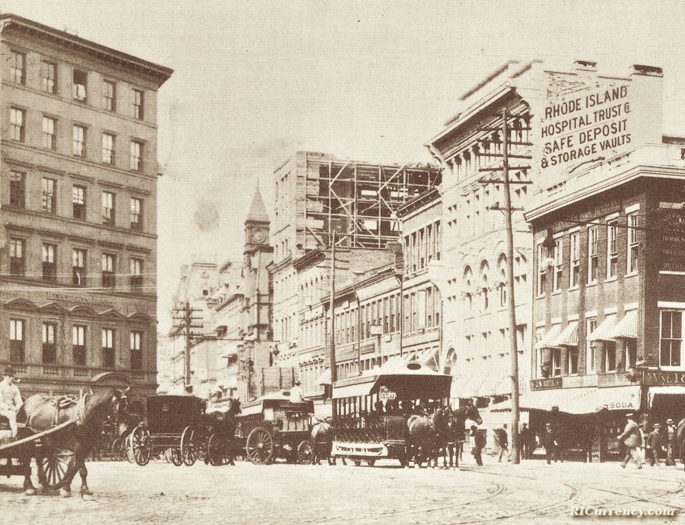 Westminster Street sometime after 1893, showing the old Hospital Trust building across the street from the Merchants Bank.