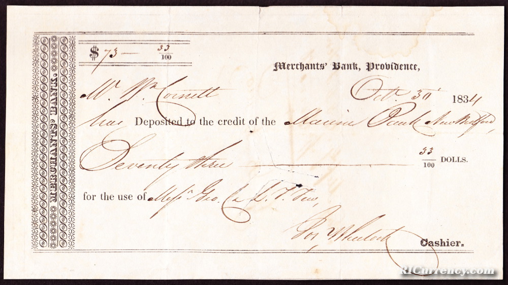 Receipt for monies deposited to the credit of the Marine Bank of New Bedford, Massachusetts. Dated October 30, 1834. 