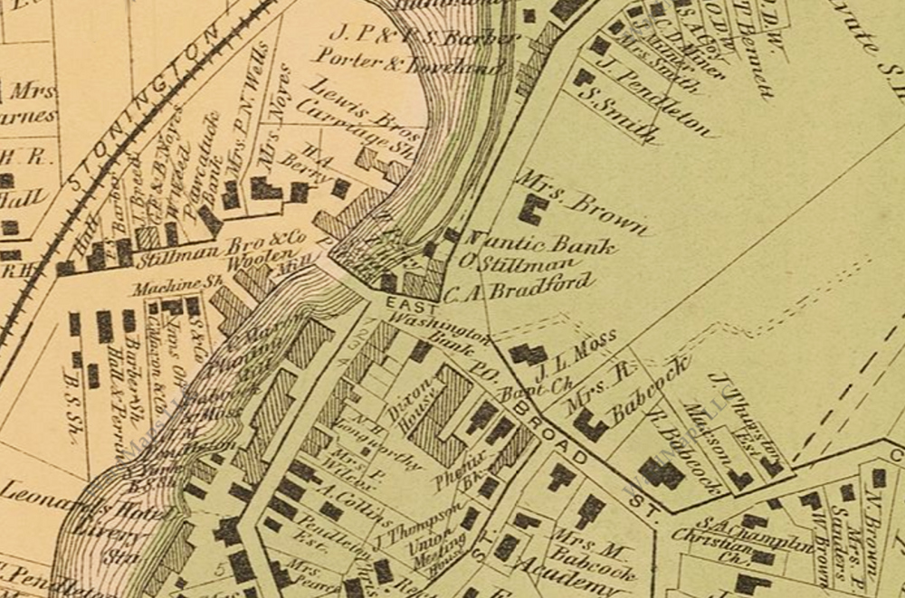 The detail map shows the location of the Niantic Bank at 14 High Street, in downtown Westerly. From D.G. Beers, Atlas of Rhode Island, 1870.