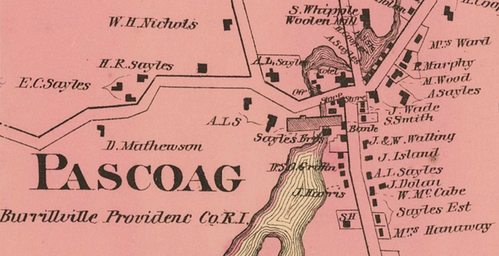 A map of Pascoag, showing the bank's location on South Main Street, just below High Street (upper right). 