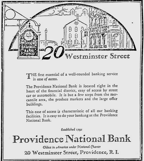 The Providence National Bank was located for a short time at 20 Westminster.