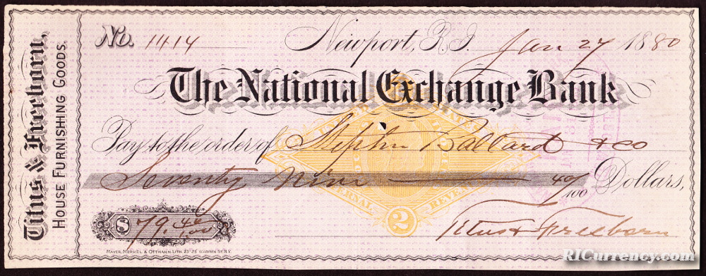 National Exchange Bank check from 1880. 