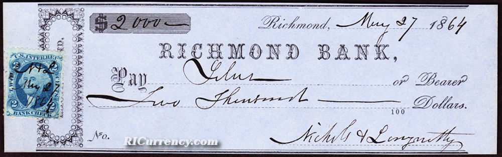 Bank check from 1864, which identifies the location of the bank as Alton. 