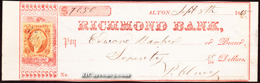 Bank check from 1864, noting the location of the bank as Richmond. 