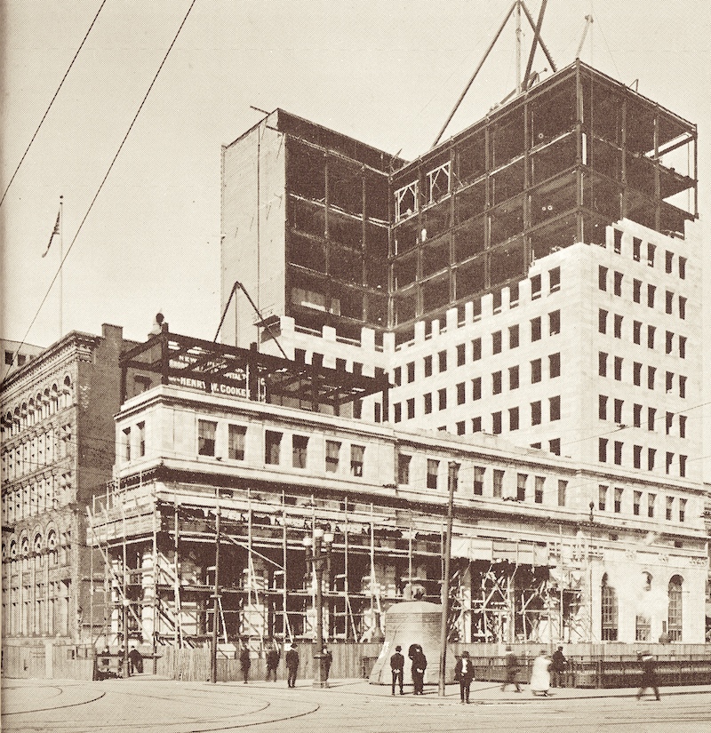 The new Hospital Trust Building at 15 Westminster under construction, circa 1917. It is being built around the bank's old edifice, which is visible at right. Eventually that building was torn down and the southern half of the new building completed.