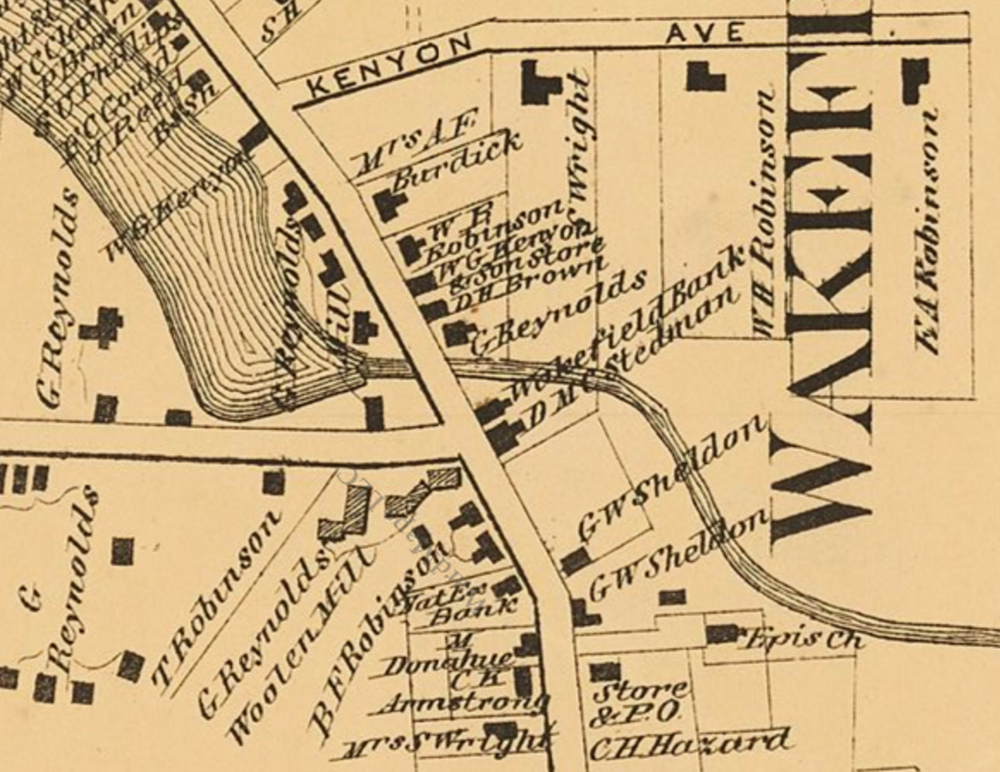 A detail map of Wakefield showing the Wakefield Bank. From D.G. Beers, Atlas of Rhode Island, 1870. 