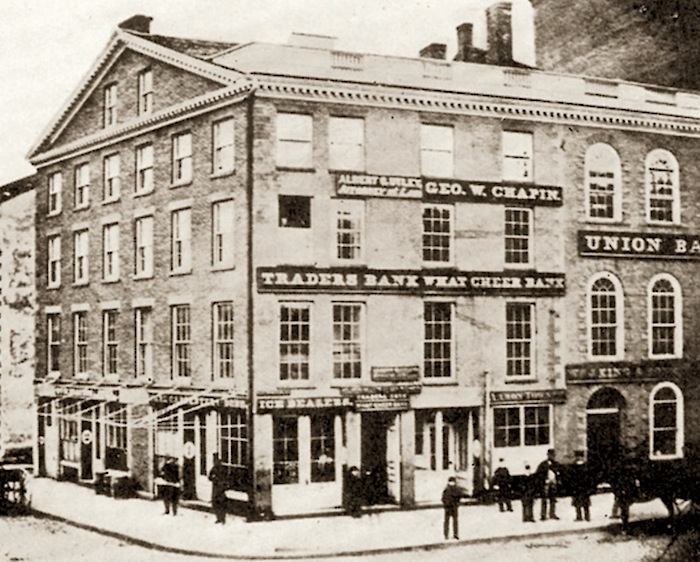 The Union Bank was located in the building at right on Westminster Street (part of the sign is visible on the second storey). These two buildings here were collectively known as the Union Buildings. 