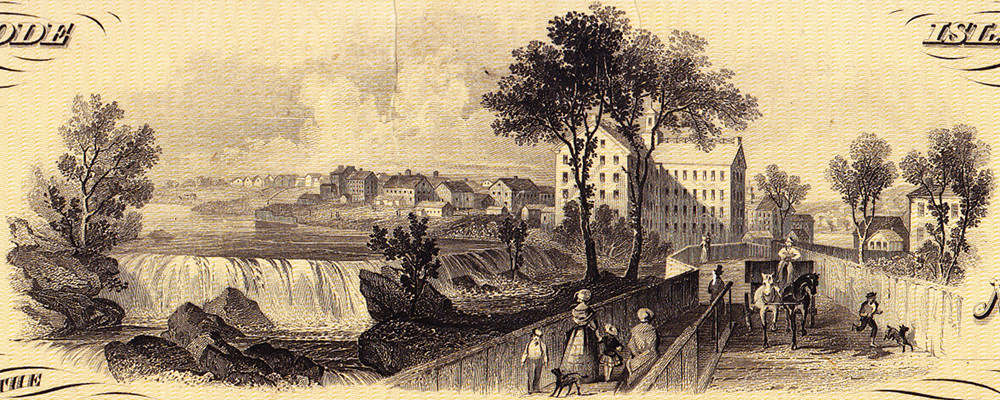 A view of Woonsocket Falls, created specifically for this bank, is used on many of the institution's banknotes. 