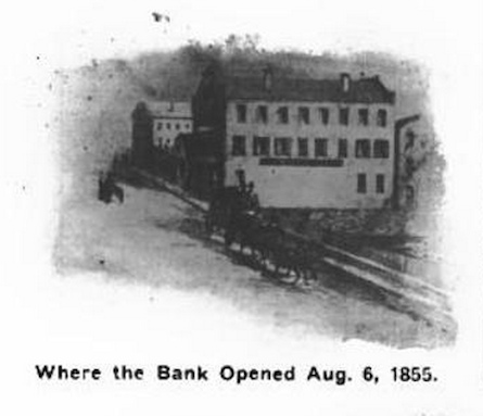 A drawing from an early 20th century newspaper showing the Slater Bank's first home, possibly in the old Dexter Mill building. 