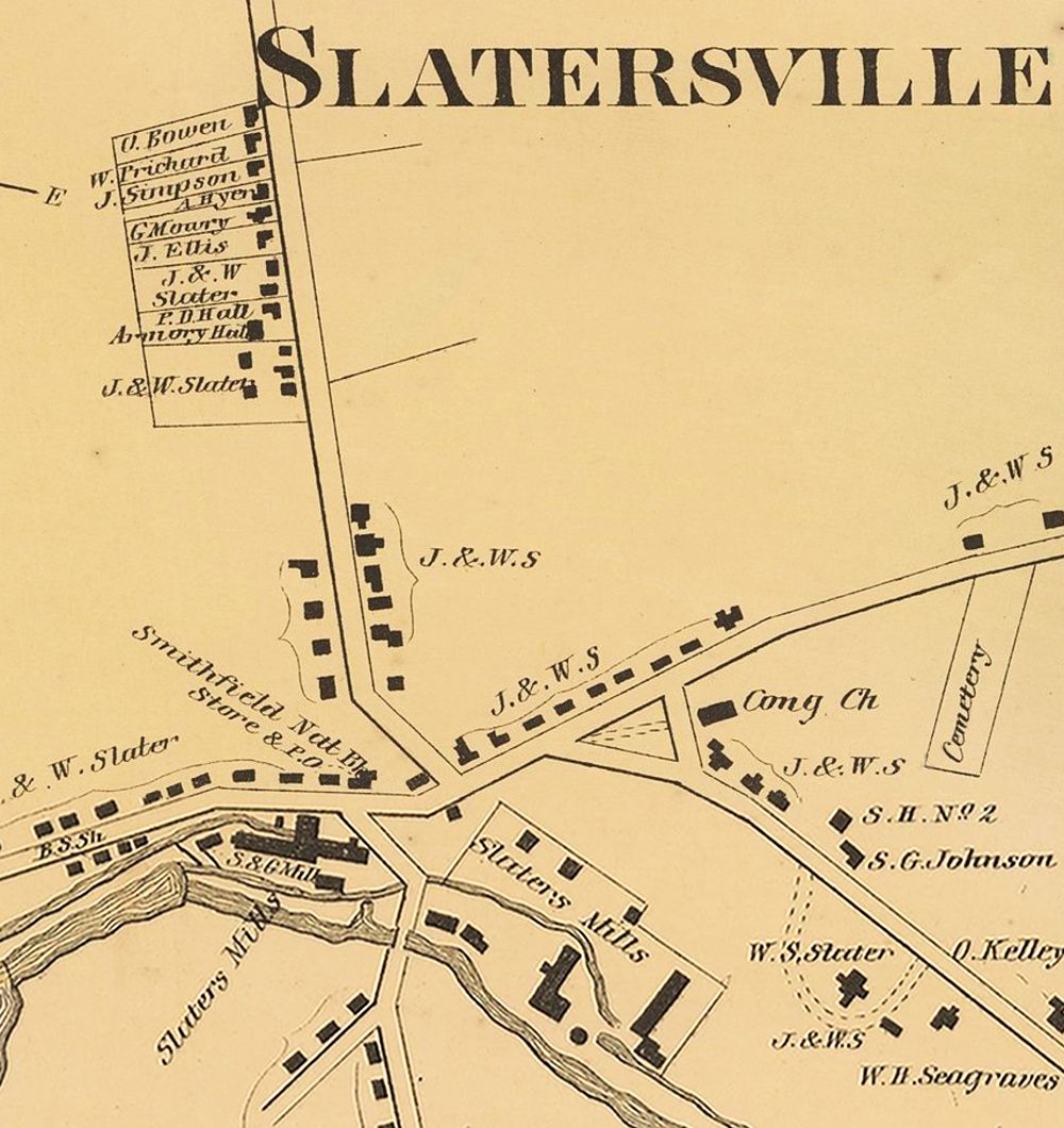 The location of the First National Bank of Smithfield is shown on the bottom left of this detail map of Slatersville.From D.G. Beers' Atlas of Rhode Island