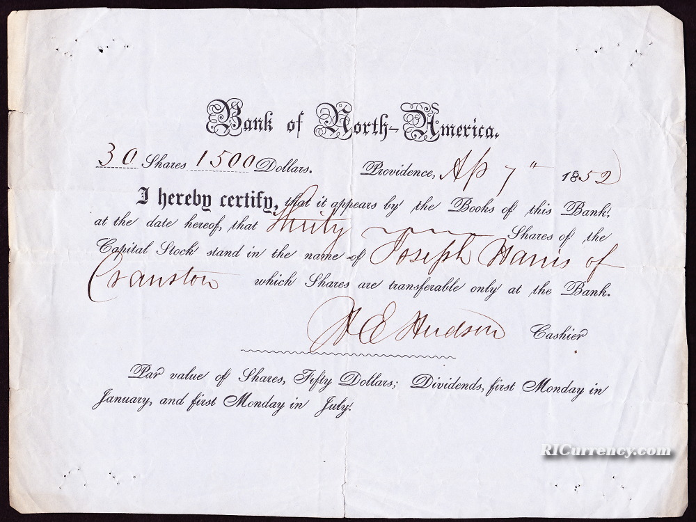 Stock certificate for 30 shares, valued at a total of $1,500, April 7, 1852. 