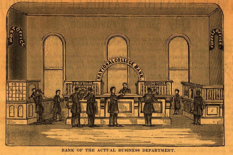 An 1869 advertisement for Bryant & Stratton shows the mock bank used in the commercial college. 