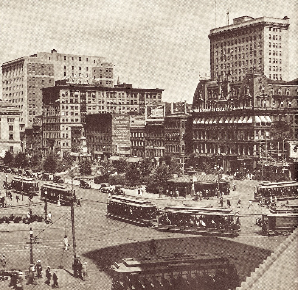 Bryant & Stratton building on Exchange Place. The Industrial Trust Tower replaced this structure in 1928. Today, Exchange Place is known as Kennedy Plaza.