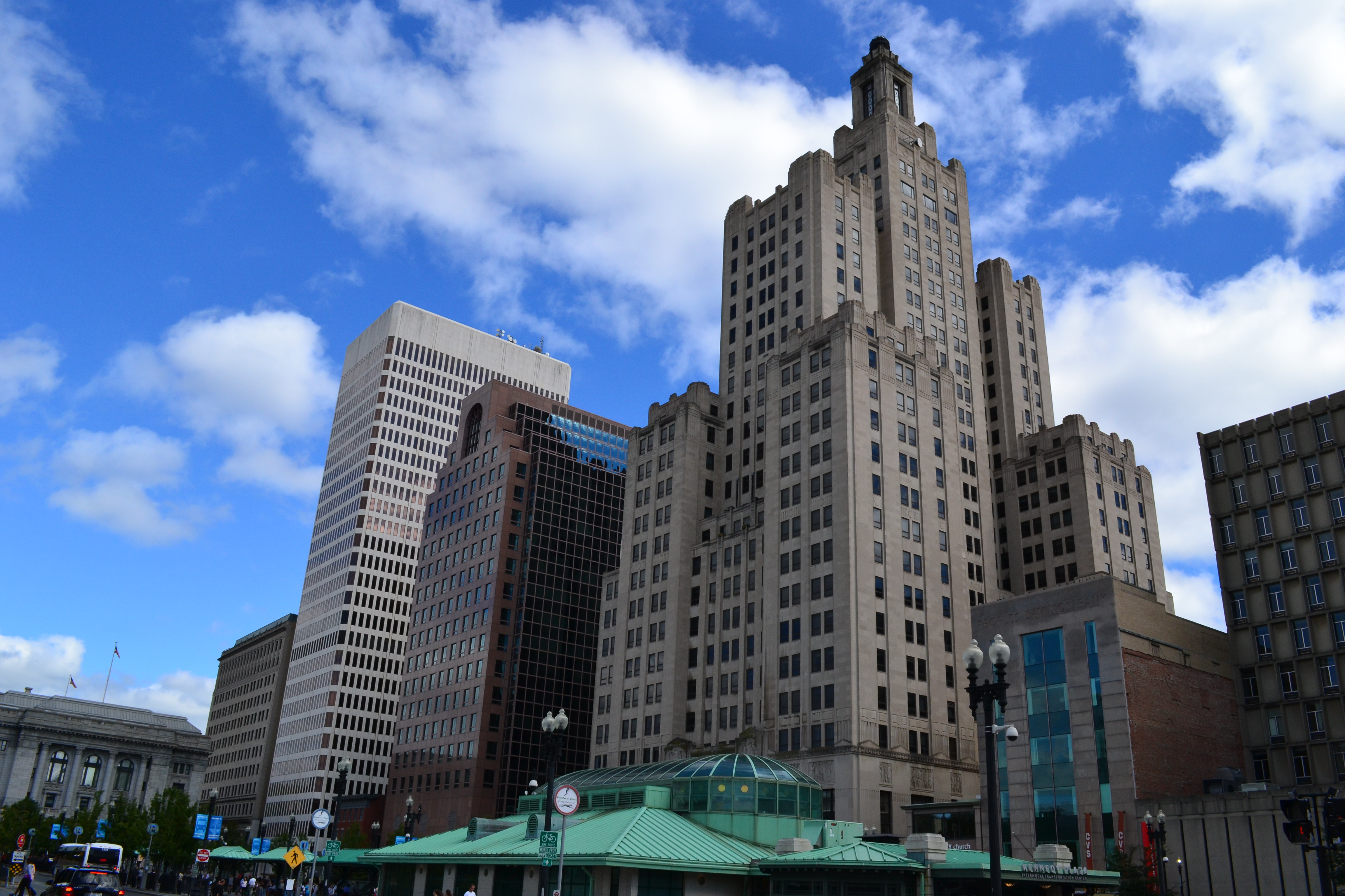 A similar perspective of Kennedy Plaza today. The Art Deco Industrial Trust Tower stands on the former site of the Butler Exchange.