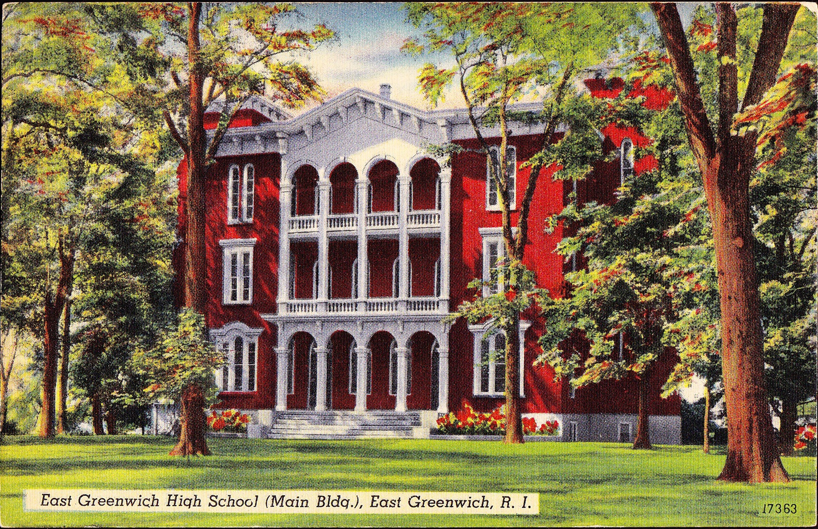 A circa 1955 postcard depicts the Providence Conference Seminary as its last incarnation as the East Greenwich High School. 