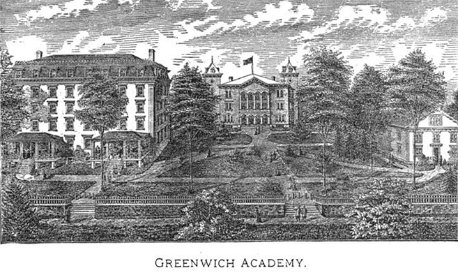 An 1877 engraving of the school, then known as the Greenwich Academy, 