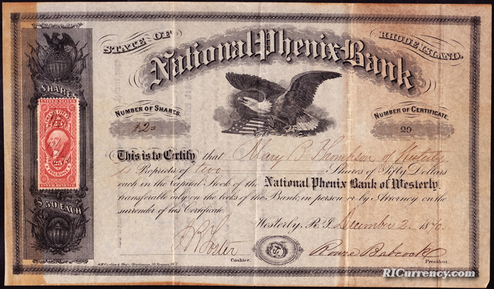 Stock certificate from the National Phenix Bank, December 2, 1870.