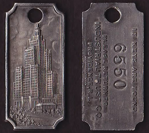 Safe deposit box key fob, for the vault within the Industrial Trust Tower. 