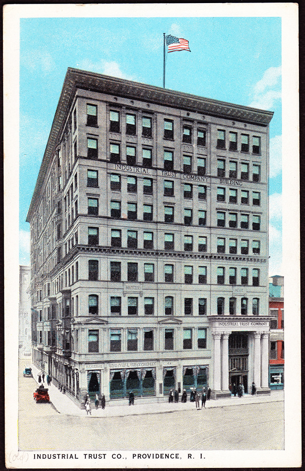 The Industrial Trust Company constructed this building for its quarters in 1893. It was located at the corner of Exchange and Westminster. 