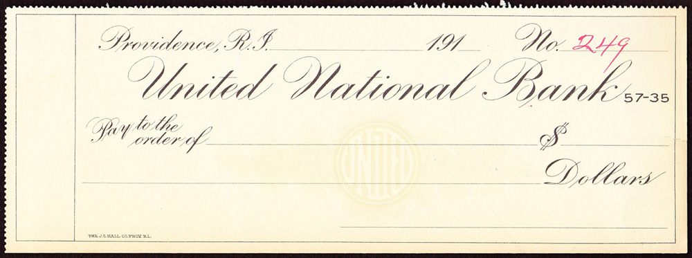 A blank United National Bank check from the 1910s.