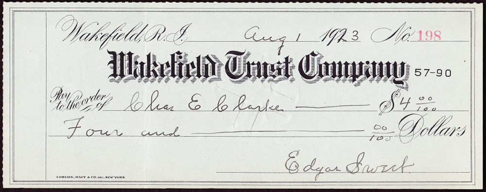 A bank check from 1923 on Wakefield Trust, signed by Edgar Sweet.