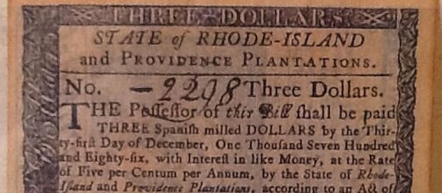 1780 3 Dollar Bill From Rhode Island