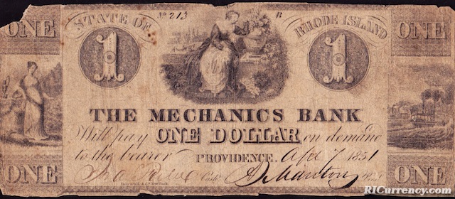 Antique 1850s 5 Dollar Rhode Island Bank Note Currency 